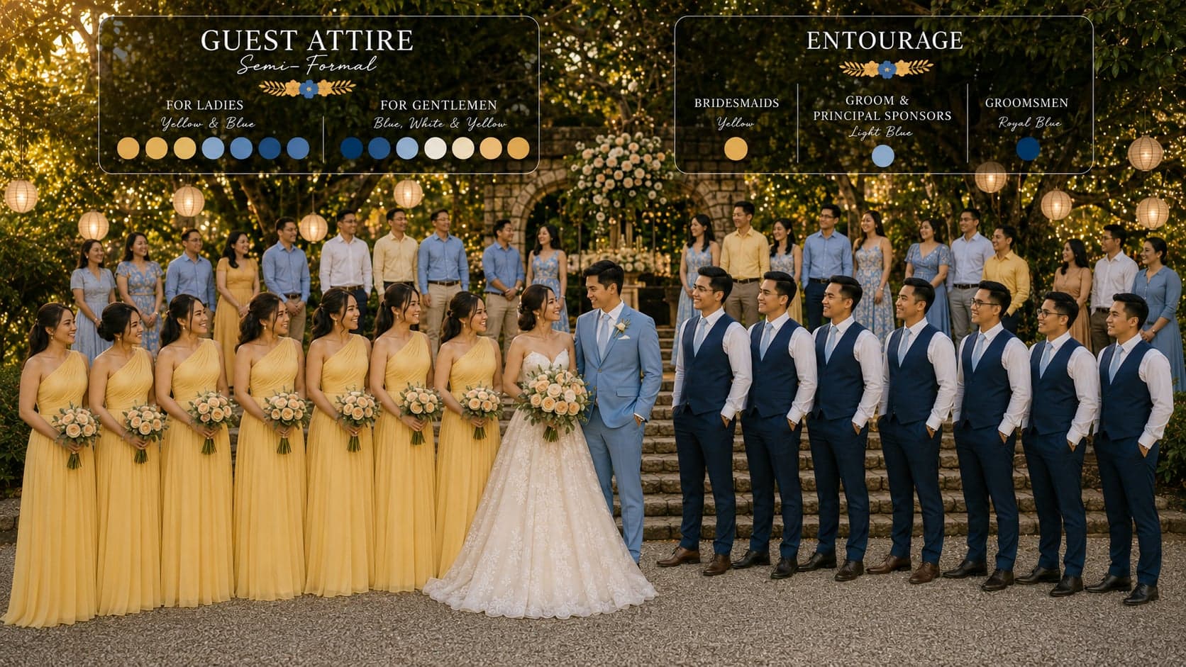 Guest attire and entourage reference photo: guests in yellow, blue, and white semi-formal wear, bridesmaids in yellow, groom in light blue, groomsmen in royal blue